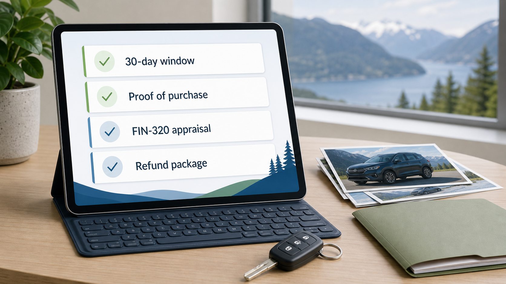 Checklist for a BC used vehicle PST refund showing 30-day window, proof of purchase, FIN-320 appraisal, and refund package