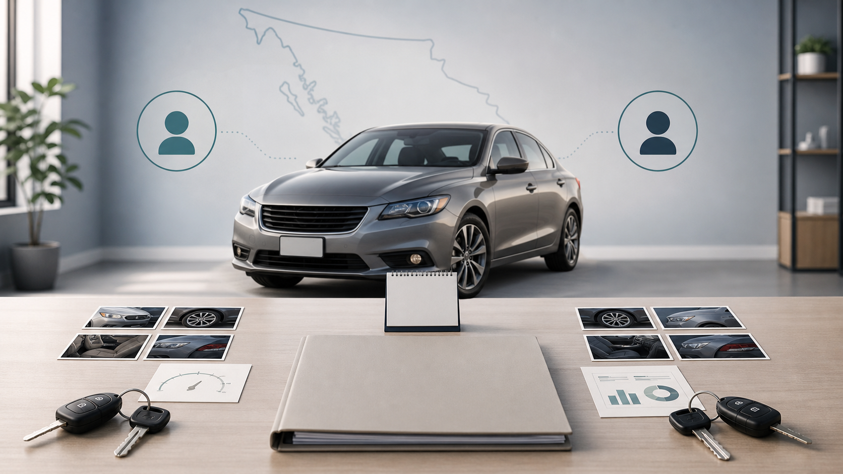 Neutral divorce and separation vehicle appraisal evidence desk with a generic car, two key sets, condition photos, market charts, and a British Columbia outline.
