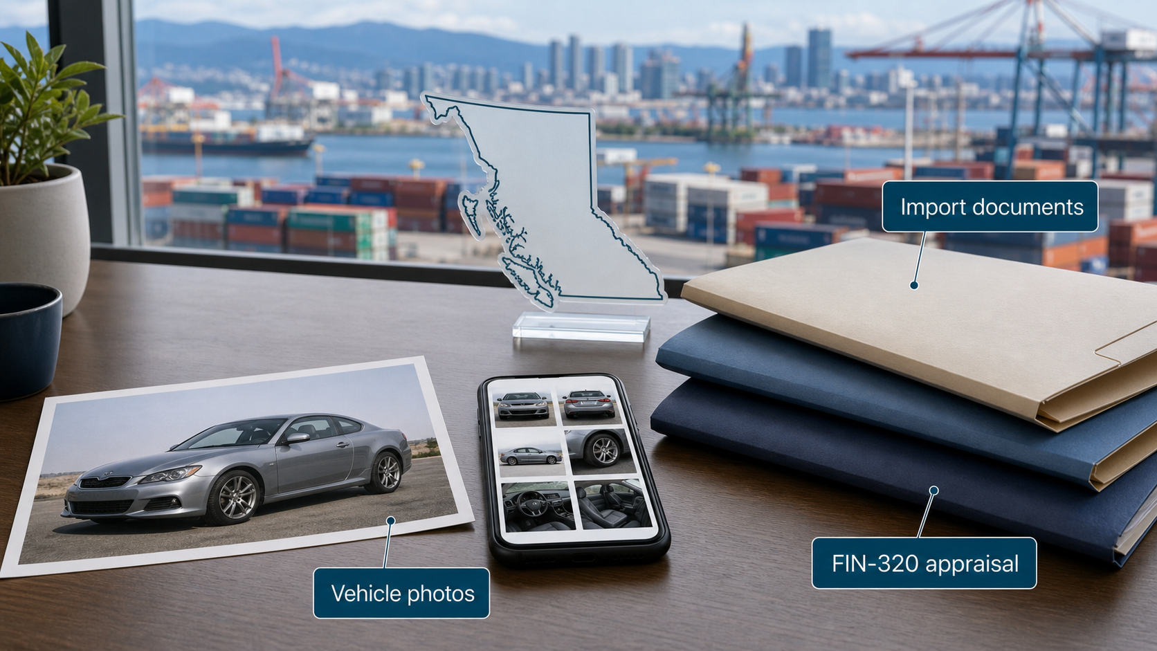 JDM imported vehicle appraisal checklist with import documents, vehicle photos, FIN-320 appraisal folders, and a BC map outline.