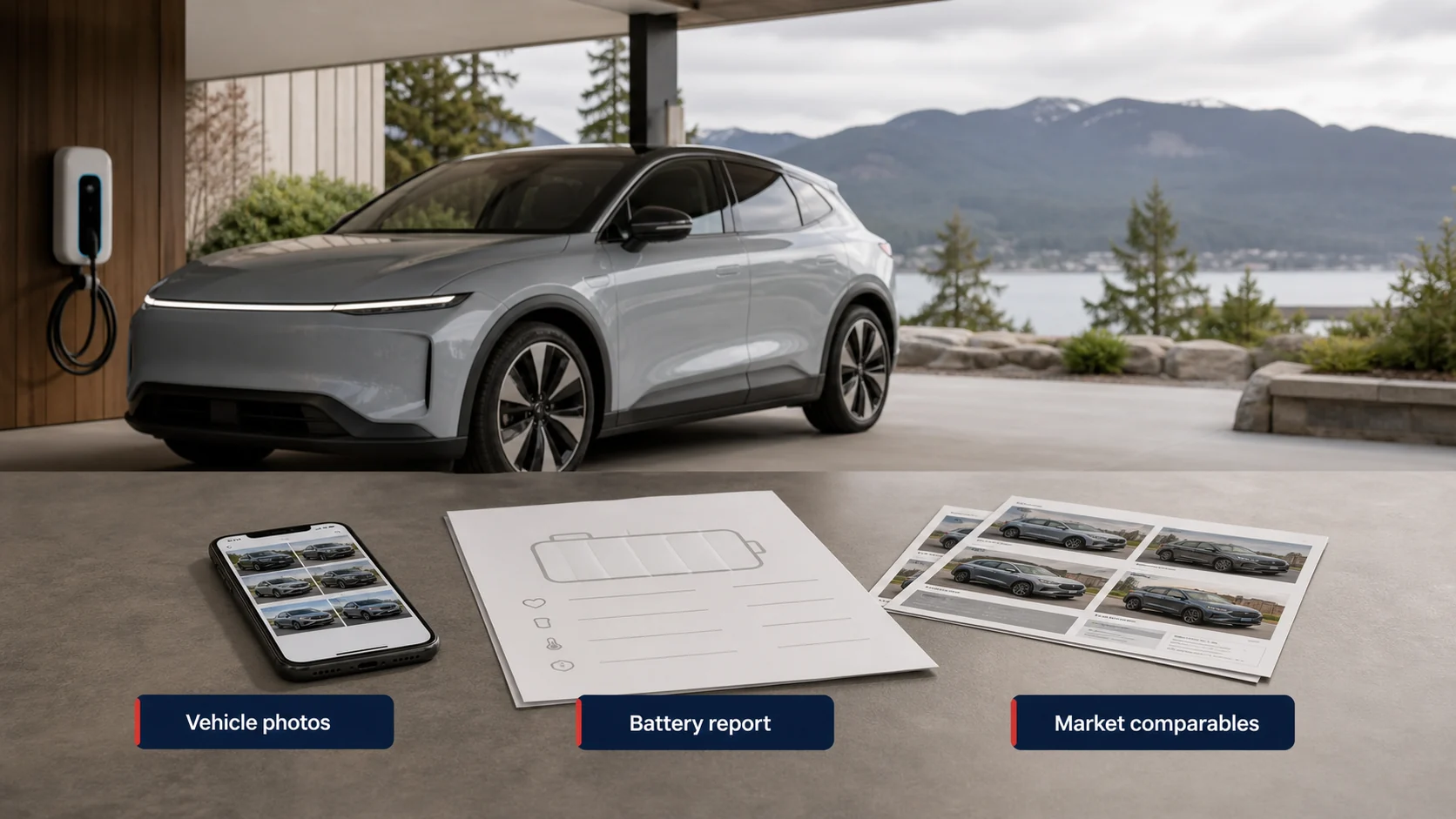 Used EV appraisal evidence showing vehicle photos, a battery report, and market comparables